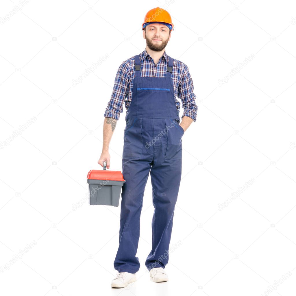Young man builder with toolbox industry worker hardhat