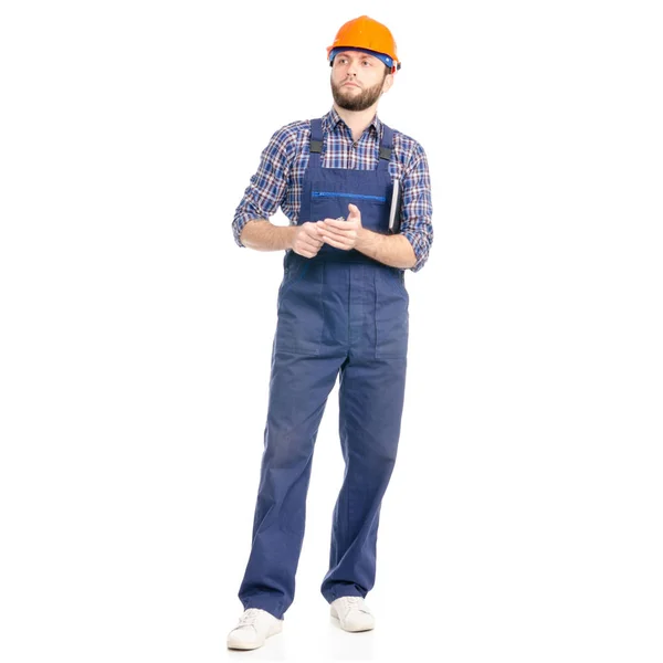 年轻人建筑工人安全帽与笔记本和笔在白色背景隔离 — 图库照片