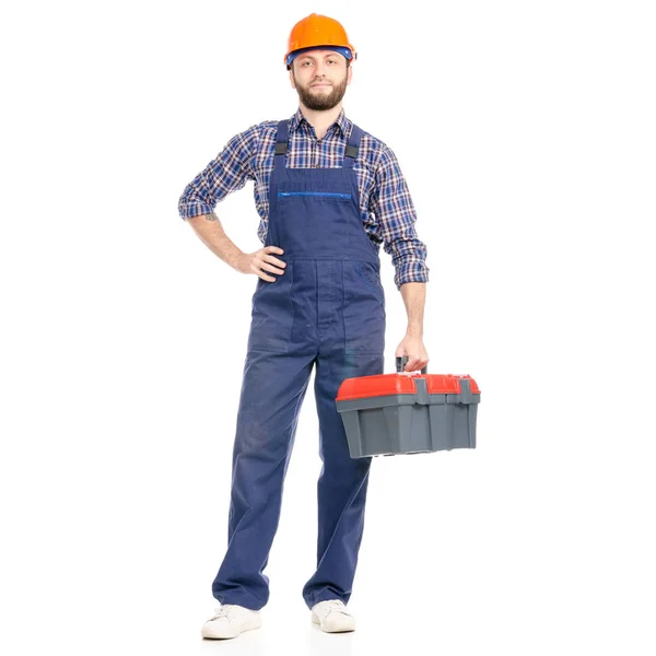 Joven hombre constructor con caja de herramientas trabajador de la industria hardhat —  Fotos de Stock