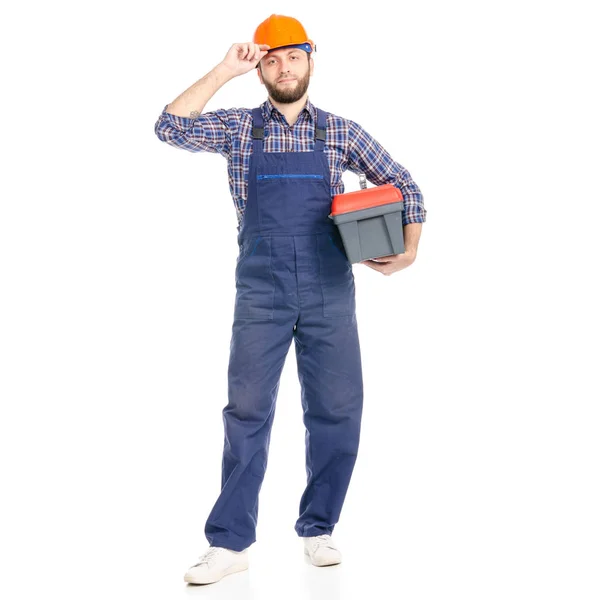 Junger Mann Bauarbeiter Mit Werkzeugkiste Industriearbeiter Hardhat Auf Weißem Hintergrund — Stockfoto