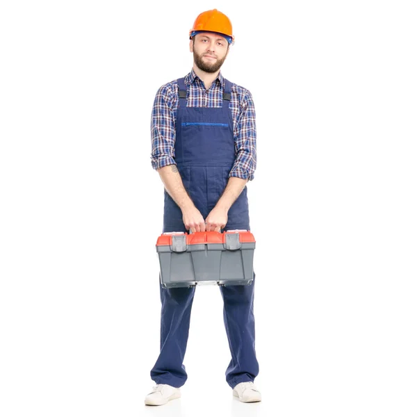 Jovem Homem Construtor Com Toolbox Indústria Trabalhador Hardhat Branco Fundo — Fotografia de Stock