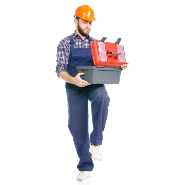 年轻人建设者与工具箱产业工作者安全帽 — 图库照片