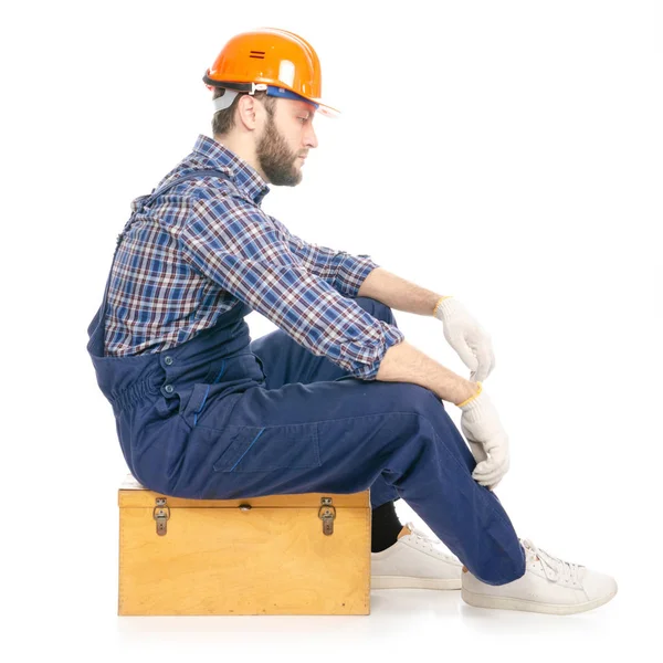 Jonge Man Bouwer Met Toolbox Industrie Werknemer Veiligheidshelm Witte Achtergrond — Stockfoto