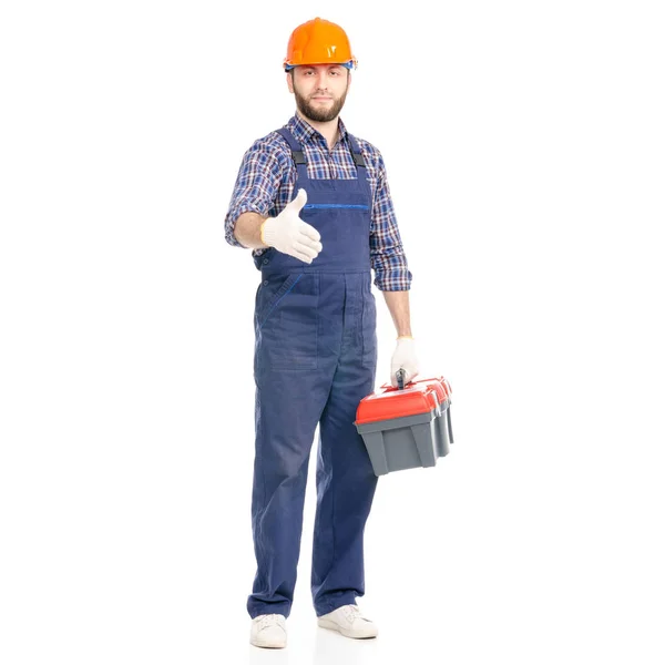 Young man builder with toolbox industry worker hardhat — Stock Photo, Image