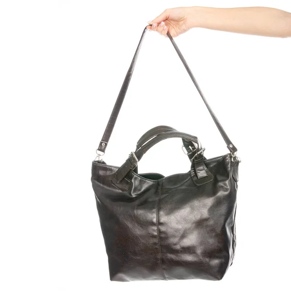 Női női fekete barna bőr táska a kezében — Stock Fotó