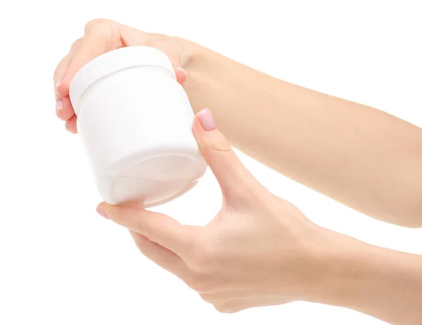 Medicina frasco branco saudável na mão — Fotografia de Stock