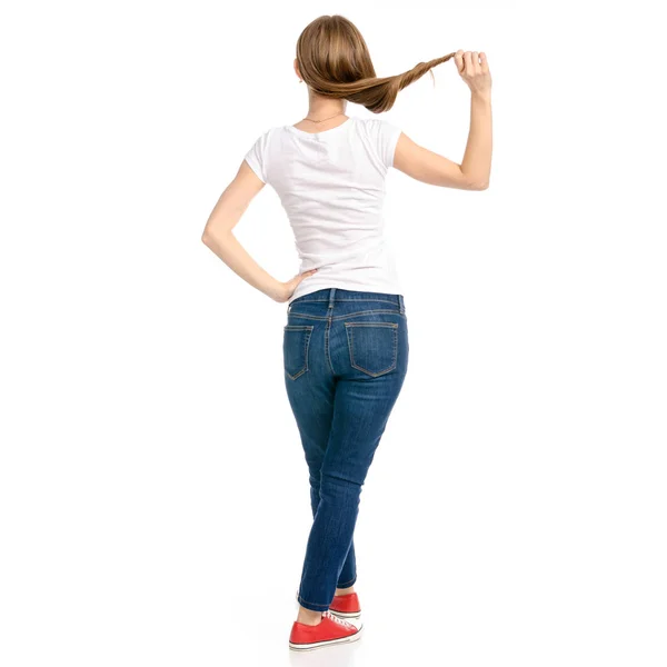 Mulher de jeans e t-shirt pensando — Fotografia de Stock