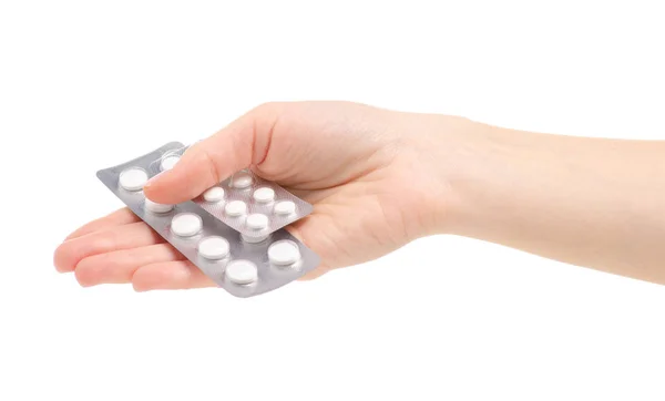 As pílulas blister na medicina da mão — Fotografia de Stock