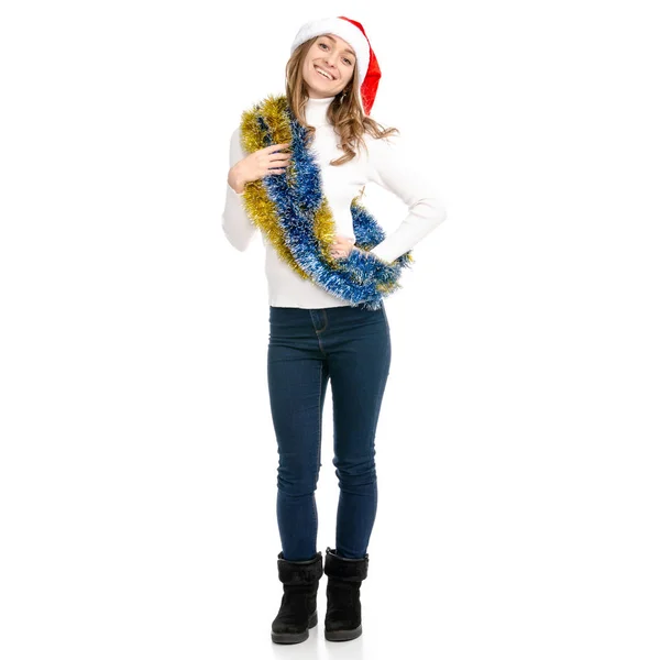Mujer con sombrero de Navidad tinsel santa — Foto de Stock
