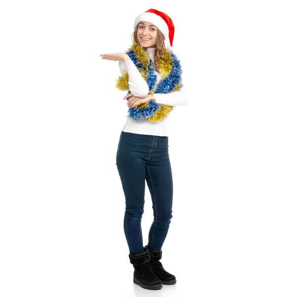 Woman with christmas tinsel santa hat — Stock Photo, Image