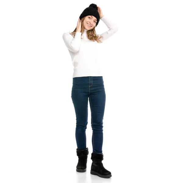 Hermosa mujer en jersey jeans sombrero frío mostrando de emociones positivas sonrisa — Foto de Stock
