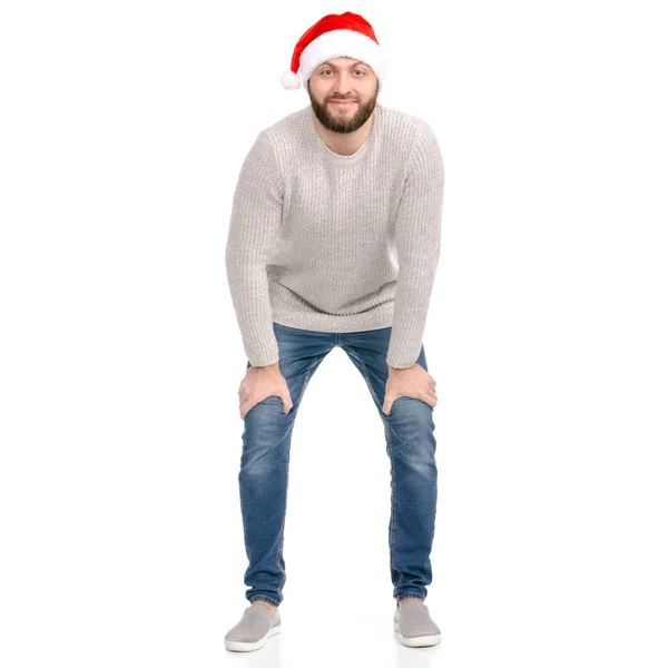 Un hombre en jersey vaquero con sombrero de Santa muestra de emociones positivas feliz — Foto de Stock