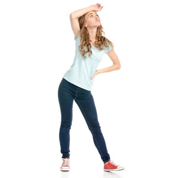 Mooie vrouw in jeans emotie is moe — Stockfoto