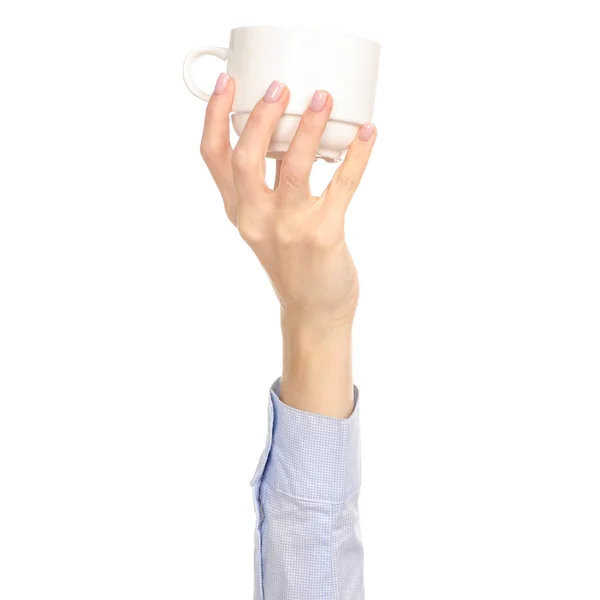 Vit kopp Mugg i hand arm upp — Stockfoto