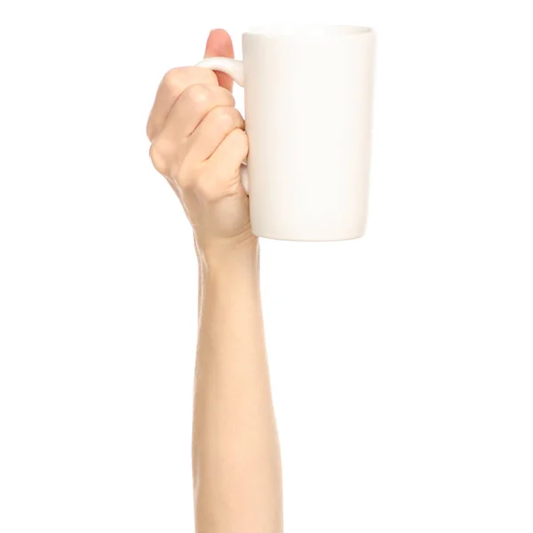 White cup mug in hand arm raised up — Stock Photo, Image
