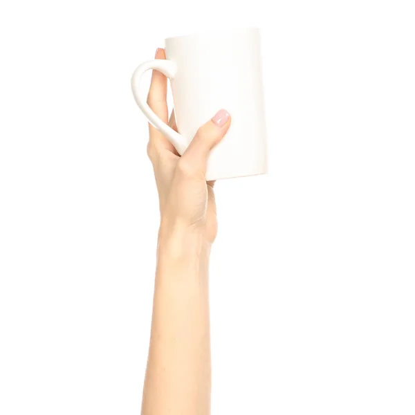 White Cup Mug Hand Arm Raised White Background Isolation — Stock Photo, Image