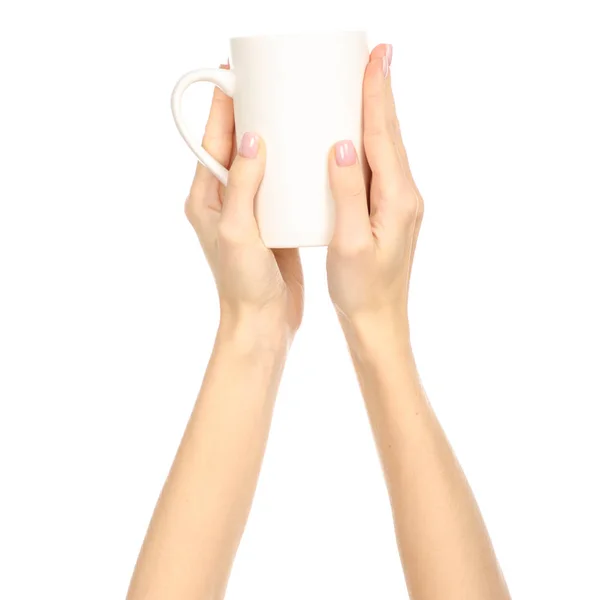 White cup mug in hand arm raised up — Stock Photo, Image