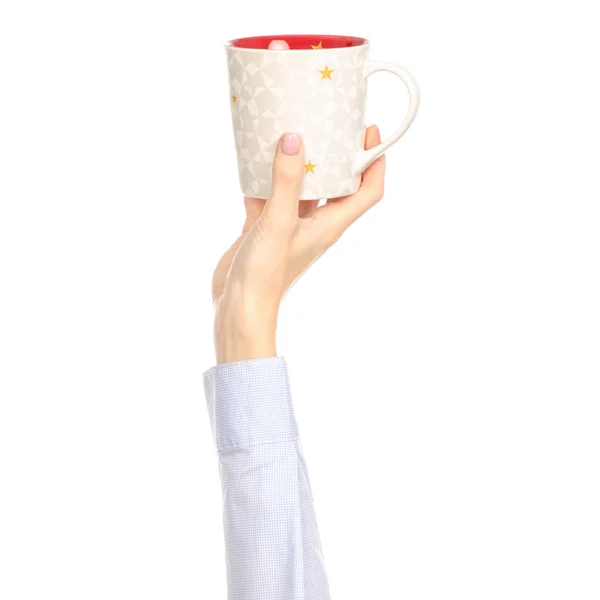 White red stars cup mug in hand arm raised up — Stock Photo, Image