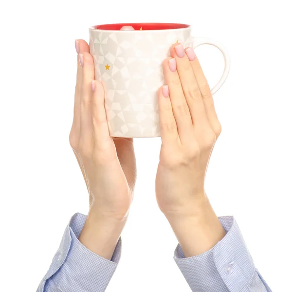 Taza de taza de estrellas rojas blancas en brazo de mano levantada — Foto de Stock