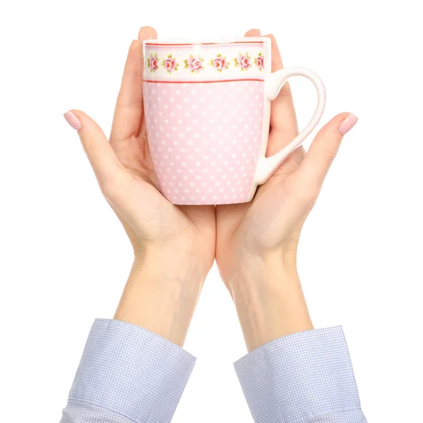 Tasse Becher rosa Blütenprint in der Hand Arm nach oben — Stockfoto