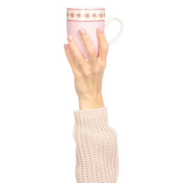 Tasse Becher rosa Blütenprint in der Hand Arm nach oben — Stockfoto