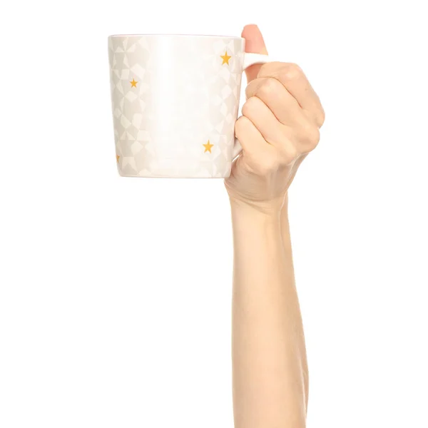 Taza de taza de estrellas rojas blancas en brazo de mano levantada — Foto de Stock