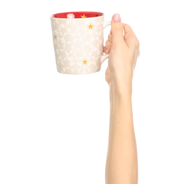 Branco vermelho estrelas copo caneca na mão braço levantado — Fotografia de Stock