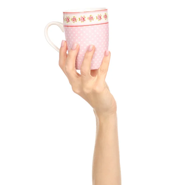 Copo caneca rosa flor impressão na mão braço levantado — Fotografia de Stock