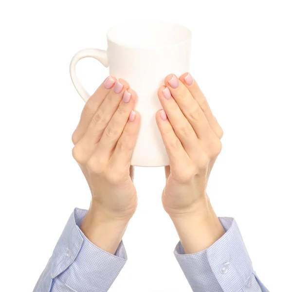 Caneca copo branco na mão braço levantado — Fotografia de Stock