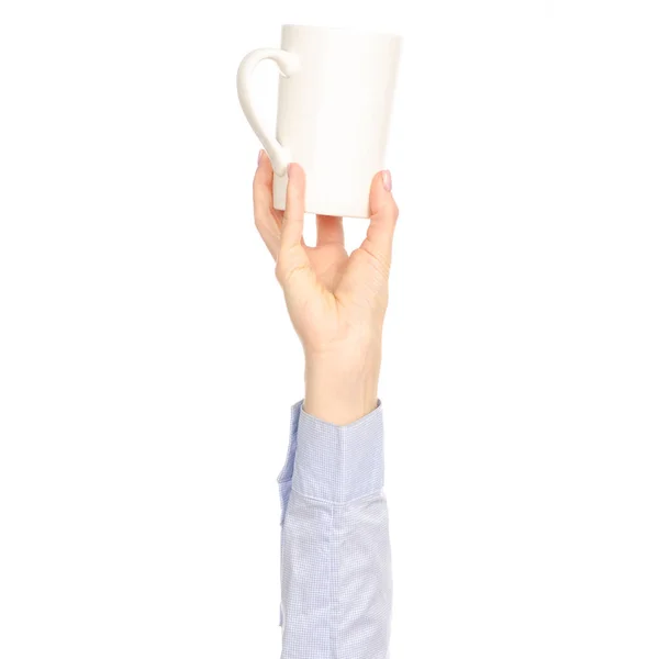 Caneca copo branco na mão braço levantado — Fotografia de Stock