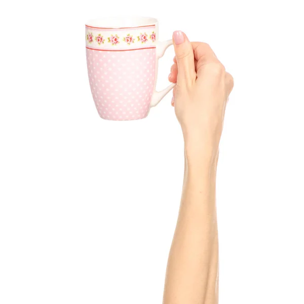 Taza taza rosa flor impresión en mano brazo levantado — Foto de Stock