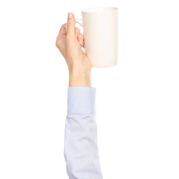 White cup mug in hand arm raised up — Stock Photo, Image