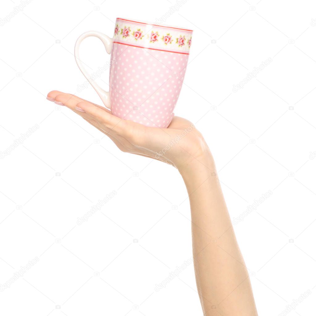 Cup mug pink flower print in hand arm raised up