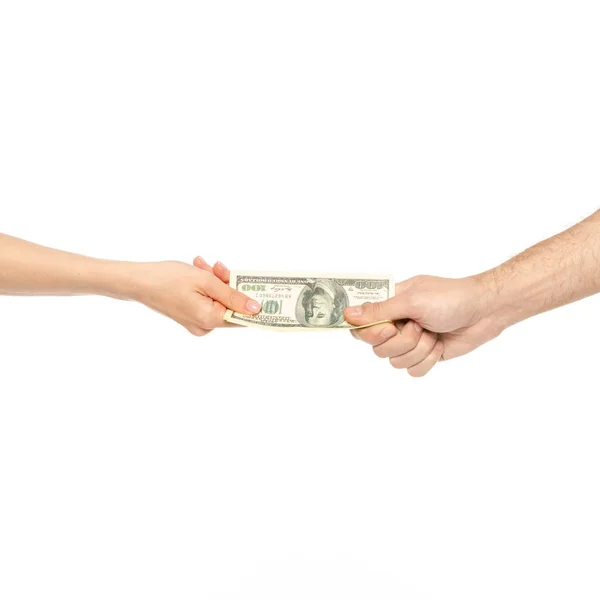 Dos manos dólares masculinos de dinero femenino — Foto de Stock