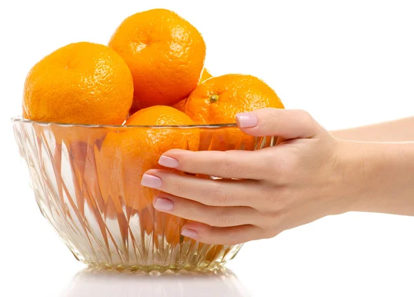 A bowl with mandarin in hand — Stock Photo, Image