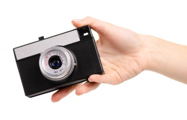 Elinde eski fotoğraf makinesi