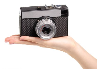 Elinde eski fotoğraf makinesi