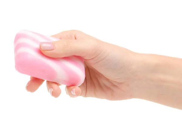 Rózsaszín fehér szappan a kezében — Stock Fotó