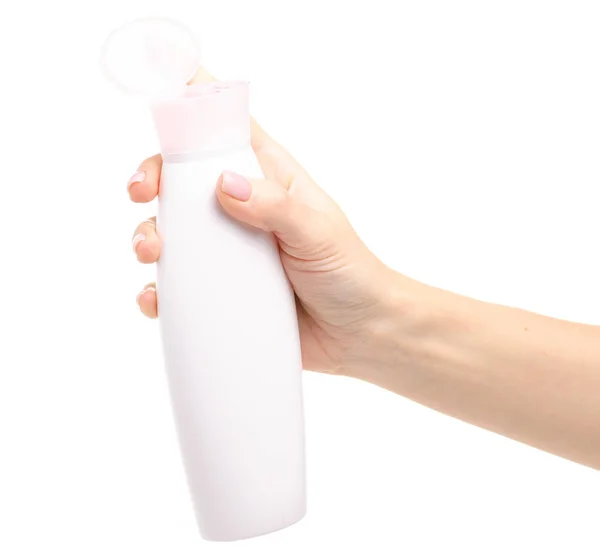 Fles gel douche in de hand — Stockfoto