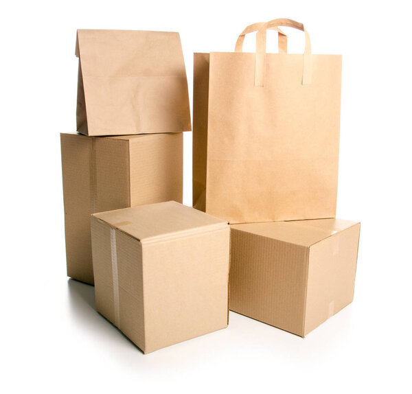 Boxes delivery package cardboard paper on white background isolation