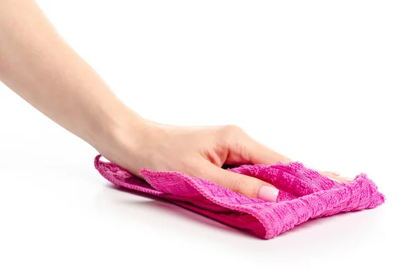 La tela de trapo rosa en la mano — Foto de Stock