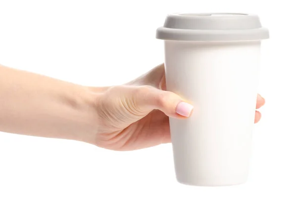 White cup mug with gray lid in hand — Stock Photo, Image