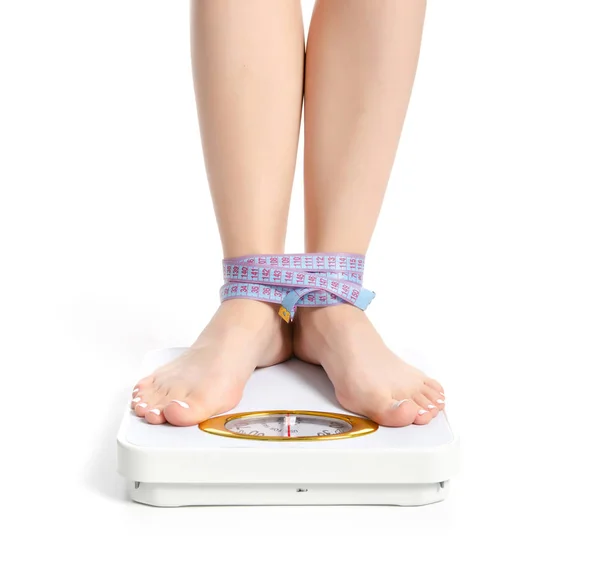 Female feet weighing scale centimeter — Stock Photo, Image
