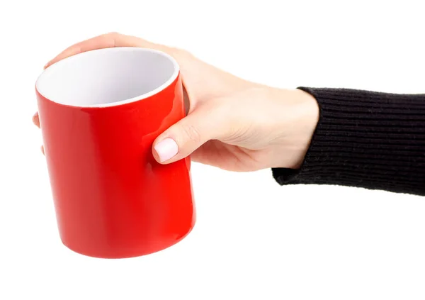 Кружка Красной Чашки Женской Руке Белом Фоне — стоковое фото
