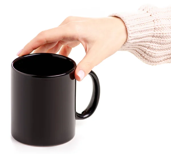 Caneca de copo preto na mão feminina — Fotografia de Stock