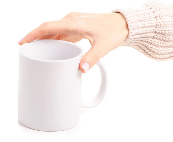 Vit kopp Mugg i kvinnlig hand — Stockfoto