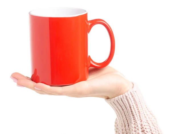 Taza de taza roja en mano femenina —  Fotos de Stock