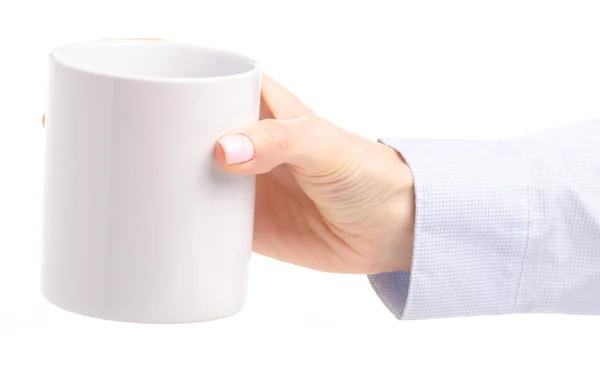 White cup mug in female hand — Stock Photo, Image