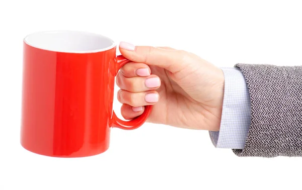 Tasse de tasse rouge à la main féminine — Photo