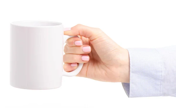 A női kéz fehér csésze bögre — Stock Fotó